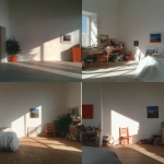 **the inside of a pinters studio in france. soft ambient light dappes the walls. --ar 4:5 --raw --sref 2162872416 2959860992 3495459516 --profile c6so3sz --sv 4 --sw 80 --stylize 1000** - <@308257674204807171> (fast)