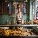 **English fish and chip shop, young attractive glistening woman wearing what might be considered a dangerous outfit to wear around hot oil; a mini skirt and cropped top. Scooping chips out of a vast fryer filled with oil, a glass display cabinet atop the fryers in front of her at chest height, with warm battered offerings contained: battered cod, piles of saveloy sausages, pies in aluminium foil dishes. On the counter top are Proper large salt and vinegar in white plastic, shakers , wooden forks and large jars of pickled onions and pickled eggs. paper wrapping for the chips. colourful chip shop menu on a tiled wall behind her, epsilon aurigae constellation reflected on the menu and tiles beaming from the window, retro futurism --ar 16:9 --raw --v 7.0** - Upscaled by <@744210433703018499> (relaxed)