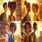 **a medium shot of two realistic illustrated happy 8-year-old students from America, they have a well-defined noses and well-defined jawlines, the first student is an African American female with light brown eyes and very short black hair, the second student is a dark African American female with light brown eyes and curly black hair, they stand with their head and neck and shoulders completely square to the camera and facing forward, their entire body is facing forward, they wear backpacks, they have large headphones on their head, they stand in a library, it is daytime, the sun is shining bright, high-definition, anime-style, --ar 16:9 --niji 6** - <@1065025086664474674> (relaxed)