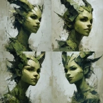 **green toned, painterly realism style, beautiful female demon, chest and up, with small horns, slightly angled, vertically elongated design, bottom ends abstract --v 7.0** - Variations (Strong) by <@1116424656908464158> (fast)