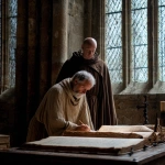 **inside the tall medieval library of a monestary in the Alpes, a monk in beige wool robes of lesser quality, grey fringed hair sits on a wooden chair leaning over an open large medieval ledger, studying it. Beside him stands a dark robed abbot holding a stylus, telling him about scribal work. A duo of fellow scribes stands near the wall of four tall backlit windows, next to a small dark wooden cross. Snowflake macrophotography, professional cinematic overcast weather lighting, in the style of In The Name of the Rose.** - Image #1 <@639231094968942592>