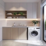 **modern apartment laundry room, one washing machine, sink, cabinets, light color palette, potted flowers, laundry products on shelves, clean and minimal design, bright natural light, cozy and organized, realistic, frontal view --v 6.0 --ar 4:5** - Image #4 <@1095141824018010255>