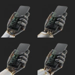 **iphone17, straight on, held by robot hand made of coding lines --v 7.0** - Variations (Region) by <@1048326817838280714> (fast, stealth)