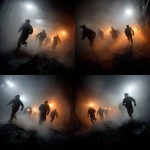 **coal miners working in a dark and dangerous underground mine. from the back of the mine, it starts to collapse. everyone is running torard the the camera. miners look scared** - Variations (Strong) by <@499594555298021396> (fast)