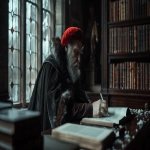 **a reinassance scholar with a red hat reding book on his desk, 15th century 15th century, editorial cinematic , detailed photography, muted colors, dutch angle, Hasselblad X1D --ar 16:9 --v 6.0** - Image #1 <@1065309685793706104>