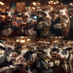 **Ultra HD profile photo of two mafia style cows dressed like kings, wearing crowns with lots of gems on the crown. the two cows are at a party and are holding their arms out with drinks in their hands doing a cheers motion to celebrate. background is a lively bar decorated with a royal theme. taken with a cannon eos, hyperrealistic, natural lighting --ar 2:3 --raw** - <@1103975769467789322> (relaxed)