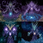 **A colossal cosmic entity of pure void energy, its massive form glowing with deep blues and purples, crowned with jagged crystalline horns radiating ethereal light. Its chest contains a swirling miniature galaxy, pulsing with gravitational power, as if holding an entire universe within. The creature’s arms are outstretched in a commanding, godlike gesture, void tendrils and nebula-like wisps spiraling around it. Its faceless head glows with faint, piercing eyes, exuding an overwhelming presence of cosmic dominion. The background is a vast expanse of space, dotted with distant stars and galaxies, the darkness around it bending under its immense gravitational pull. Hyper-detailed, cinematic lighting, epic fantasy-meets-sci-fi concept art, ultra high resolution, cosmic scale. utopian toast --ar 3:2 --p d8j98gu yqp5qk7 tzl2qbv --v 7.0** - <@106534493057220608> (relaxed, stealth)
-# Create, explore, and organize on [midjourney.com](<https://midjourney.com/imagine?from_discord=1>)