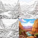 **coloring book cover drawing Grand Canyon, in the style of mixes realistic and fantastical elements, dreamlike illustrations, bloomcore, tasteful use of negative space, no text, sketchfab, adventurecore, magic realism --ar 83:107 --v 5.2** - <@1144501518293282817> (fast)