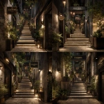 **Architectural rendering of a spectacular outdoor staircase leading to the "ALQUIMIA Café & Bar," a clandestine-style entrance with a mysterious and elegant atmosphere, a narrow hallway with stairs, warm lighting, brass and matte black details, decorated walls, no roof, open sky with soft ambient light, a discreet gold sign at the top, plants and artistic lighting accents on the sides, cinematic composition, artistic and intriguing design that feels secretive yet rigid, ultra-realistic rendering.** - Variations (Strong) by <@1175115063670087744> (fast)
-# Create, explore, and organize on [midjourney.com](<https://midjourney.com/imagine?from_discord=1>)