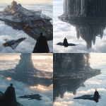 **A cinematic shot of a man in a black cape stands on the deck of an enormous, vast spaceship made from intricate metal and crystal, floating above the clouds. The spaceship is massive, with thousands of rooms. In front of him floats his personal starfighter, also futuristic-looking and ornate. He looks up at it. It's a cinematic shot with an epic scale, in the style of Roger Deakins. --ar 105:128** - <@264129597782753313> (fast)