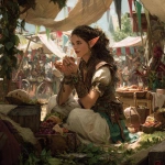 **a dark-haired female elf cleric of life, dresses like a rustic rural hippie, out eating food from food-carts in a fesitval, joyous carnival atmosphere, D&D fantasy art magazine cover** - Image #3 <@758604467146588180>