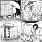 **a black and white colouring page for teenagers, clean outlines, a beautiful girl wearing a raincoat, holding an umbrella above her head,feeding the chicken in the chicken coop, 8x8 inch, simplistic --v 6.0** - <@1096775278010835044> (fast)