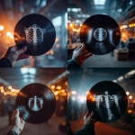 **close-up cinematic shot of human hand gently holding a black translucent vinyl record made from medical X-ray film, with xray image on it of ribs, , delicate etched grooves visible on the surface, dark blurred warehouse or health conference background with warm ambient lighting, realistic skin texture and subtle depth of field, poetic emotional tone, 35mm film photo realism, fine art photography composition, - @beneg (fast)** - <@840070267890958356> (fast)