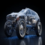 **Stainless steel SUV modern long body, full of hydraulic mechanical parts, ultra bionic super shape, dark background, round lines, over blue cracked base, --ar 16:9** - Image #1 <@1164377807414116392>