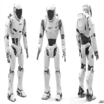 **a humanoid robot similar to the Unitree G1 . This is an original robot, humanoid in style, with its own unique "face". it should have a narrow waist, and look like the most recent technology. it should be lean and nimble. and it should have a kind, harmless nature. it should appear to be friendly. please show the robot design against a purely white background and provide front side and back angles. the robot should be about 5 feet tall. Realistic photography. Photoreal. --ar 16:9 --v 7.0** - Image #4 <@1081928187845542040>