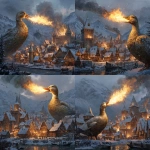 **a huge angry duck breathing fire out of his beak down onto a snowy medieval fortified village in the mountains. The giant duck has feathers that are softly glowing with a golden hue. Some of the wooden buildings are already on fire.** - Variations (Strong) by <@705576913632100503> (fast)