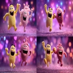 **A happy anthropomorphized rounded-triangular, yellow demon character high-fiving a happy anthropomorphized anatomical heart character, side view perspective jumping in the air, Pixar-Inside Out 3D animation style, festive sparkling purple background --ar 16:9 --s 250** - <@1088093143066488912> (fast)