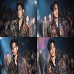 **full-body runway shot of a fashionable 30-year-old Taiwanese man, long-shaped face, fair pale skin, thick eyebrows, large expressive double-lidded eyes, naturally full lips, softly contoured cheeks not sunken; styled with bold smokey eye makeup and glossy lip color, paired with avant-garde fashion outfit, contemporary hairstyle; walking confidently on a glossy runway stage with cinematic spotlight, blurred audience in the background, dramatic high-fashion editorial photography style, sharp focus on makeup and hair, elegant and powerful vibe, no text, no watermark --ar 16:9** - Variations (Strong) by <@1090872516857299025> (fast)