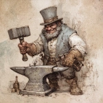 **a D&D style illistration of a merry and happy, but very muscled dwarf blacksmith/gunsmith stood next to an anvil in his workshop, he should have a full greying beard, and a cheeky smile and should look like he is from a fantasy renaissance/steam punk age. He should be wearing a very nice but slightly worn grey top hat, and carrying a large warhammer in one hand. Around his feat and the workshop should be children playing, these children should be of different dnd fantasy races and should all look happy. The image should be in a renaissance style using oil and watercolours.** - Image #3 <@545090802750324757>