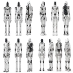 **a humanoid robot similar to the Unitree G1 or the Tesla Optimus. This is an original robot, humanoid in style, with its own unique "face". please show the robot design against a purely white background and provide front side and back angles. the robot should be about 5 feet tall. Realistic photography. Photoreal. --ar 16:9 --v 7.0** - Variations (Strong) by <@1081928187845542040> (fast)