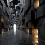 **Futuristic walls made of layered cubes, symmetrical perspective, tall walls covered with floating and embedded blocks of varying sizes, metallic textures, cyberpunk vibe, dark unlit end of corridor, no lights in the distance, volumetric lighting, dark sci-fi atmosphere, ultra detailed, --s 250 --v 7.0 --ar 3:2** - Image #4 <@1057577968781762630>