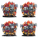 **Ad for Axe throwing company. A skeleton Lumberjack, wearing a Red Buffalo Plaid Beanie and Shirt and a Skeleton Viking Wearing Body Armor fighting each other with axes. Fierce, Angry, Flames, Skulls, Crows, Cartoon, Thick Black Outline, White Background, Sticker, Vector --v 7.0** - Variations (Subtle) by <@1067982535730151454> (relaxed)