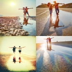 **A young couple holding hands, dressed casually, running with their arms outstretched on the beach in the sun, running towards the sun, embracing the sun, their shadows reflected in the puddles on the beach, youthful and energetic. This photo has a grainy film filter, showing a retro style. The photo was taken at a low angle to create a dreamy atmosphere, with a blurred background, golden hour light, strong sunlight, a lot of halos, long exposure, soft focus, showing a dreamy beauty, retro camera lens effect, and a Polaroid style. --ar 3:4 --stylize 50 --weird 200 --v 7.0** - <@888546328244801596> (fast)