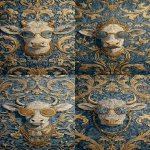 **<https://s.mj.run/BENSP7WwF18> a small size cow wearing sunglasses and gold necklaces around its neck is featured in the center of an intricate blue wallpaper pattern with golden baroque motifs, in the style of william morris. the image is highly detailed and in high resolution. --ar 13:25 --iw 3** - <@1103975769467789322> (relaxed)
