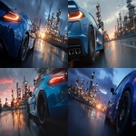 **A closeup of a blue sports car in motion pulling into an oil refinery with the refinery easily visible. make it epic blue lighting. epic sky at dusk. dark gradients cinematic --ar 3:2 --v 7.0** - <@1264975901624631358> (fast)