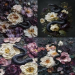 **a dark, moody, victorian oil painting in thick, chunky impasto of a black snake slithering through a cluster of flowers in deep tones of black, gray, cream, and dark purple. --ar 3:4 --v 7.0** - <@693132661379825714> (fast)
-# Create, explore, and organize on [midjourney.com](<https://midjourney.com/imagine?from_discord=1>)