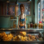**English fish and chip shop, young attractive glistening woman wearing what might be considered a dangerous outfit to wear around hot oil; a mini skirt and cropped top. Scooping chips out of a vast fryer filled with oil, a glass display cabinet atop the fryers in front of her at chest height, with warm battered offerings contained: battered cod, piles of saveloy sausages, pies in aluminium foil dishes. On the counter top are Proper large salt and vinegar shakers , wooden forks and large jars of pickled onions and pickled eggs. paper wrapping for the chips. colourful chip shop menu on a tiled wall behind her, epsilon aurigae constellation reflected on the menu and tiles retro futurism --ar 16:9 --raw --v 7.0** - Upscaled by <@744210433703018499> (relaxed)
-# Create, explore, and organize on [midjourney.com](<https://midjourney.com/imagine?from_discord=1>)