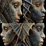 **black light elegant creative carnival deviant art, face, beautiful brown eyes, golden lizard skin, parasol to scale, black background --s 750 --ar 4:3** - Remix (Strong) by <@1128543579556565043> (relaxed)