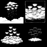 **Seven of Cups tarot card by Sarah Andersen. The image is black and white and depicts the seven cups on a cloud, possibly reflecting their impractical or transient nature. This may also reflect the idealized imagination or confusion of the figure conjuring them. Accordingly, the cups have been associated with wishful thinking. all set against a black background, and the overall design is simple yet striking, in the style of Sarah Andersen. --ar 3:5 --v 7.0** - <@409716268476923920> (fast)