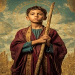 **photorealistic, klimt, A young enthusiastic Middle Eastern boy of royal birth standing holding a tall ornate wooden wand upright, expression of fresh excitement and inspired vision, eyes bright with utsaha enthusiasm and discovery, wearing simple burgundy and teal robes with minimal gold Klimt geometric patterns, young adult or teenager not a child, stance suggesting forward movement and exploration, background with open landscape or desert horizon suggesting new beginnings and possibilities, Byzantine gold mosaic patterns subtly in background, atmosphere of utsaha fiery enthusiasm and fresh magnetic center, sense of beginning student with untested but genuine inspiration, jewel tones of burgundy teal gold and warm earth tones, ornate baroque frame, mood of eager discovery and dynamic forward energy, pure enthusiasm before friction arrives, --ar 2:3 --raw** - Image #2 <@1122608133139857530>