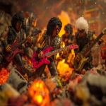 **heavy metal glamrock reptilian 80s hair bandsaw sawing through electric guitars, sparks and debris flying everywhereas the band plays "down with the thickness" --p djcuvnt --ar 4:3** - Image #3 <@948741381743083580>