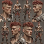 **Character design sheet. Realistic 3d rendering. Character design sheet of a ruggedly handsome, Hyper muscular handsome half orc, bodybuilder, bright silver eyes, short curly red Mohawk, short pointed ears, defined muscles, Huge leg muscles, huge pectoral muscles, big arm muscles, vascular hyper muscular, wide Grecian nose, strong square jaw, defined cheek bones, masculine features, freckles, Bodybuilder, short pointed ears, wearing Roman gladiator armor. --v 7.0** - Variations (Strong) by <@1222981214734913607> (relaxed)