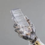 **iphone17, straight on, held by a semi-transparent robot hand made of coding lines --v 7.0** - Image #1 <@1048326817838280714>