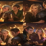**<https://s.mj.run/VVV2XUVIgJw> illustration of two characters : a man human and a woman elf, looking at something in front of them, they look curious and cheerful, in a tavern lit by candles during nighttime (light coming from the left), natural colors, professional illustration, league of legends splash art style, mooncolony studio --ar 2:3 --niji 6** - <@886738135285911622> (fast)