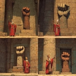 **dnd; room in an egyptian temple; a sculpture of a bronze forearm and clenched fist rises from the floor in the middle of the room; a shrivled egyptian high priest with pharoah garb stands next to the raised fist sculpture --v 7.0** - Variations (Strong) by <@771747841559232613> (fast)