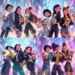 **A dynamic and energetic group of three female animated characters from a modern Korean animation, each with distinct, vibrant personalities. The first character has short black hair, dressed in a stylish outfit with bold, geometric patterns, holding a colorful kimbap roll in one hand, gazing at the others with a joyful smile. The second character, with long purple hair and a sleek leather jacket, holds a kimbap roll confidently, their expression filled with playful happiness, as she looks towards her companions. The third character, with long red hair and a punk-inspired outfit, holds a kimbap roll and grins widely, exchanging an affectionate glance with her friends. They are positioned in a casual, yet confident pose, standing close to each other, each holding their own vibrant kimbap roll. The background features a dreamy, futuristic cityscape with glowing lights, giving the scene a magical and upbeat atmosphere. The characters' kimbap rolls are vibrant, filled with bright vegetables, rice, and fillings, emphasizing the theme of friendship and shared enjoyment. The scene conveys a sense of joy, camaraderie, and adventure.** - <@1091002677237911675> (fast)
-# Create, explore, and organize on [midjourney.com](<https://midjourney.com/imagine?from_discord=1>)