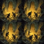 **1970's college student archaeology team exploring an underground nephilim temple. magazine cover horror art painting. mystical hieroglyphs, golden artifacts, megalithic --v 7.0** - Variations (Region) by <@1071816075978752071> (fast)