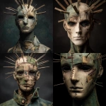 **a front facing mannequin with a few different sized spikes coming from its face, the mannequin has cuts and damage all over its face, male figure, stitches on face, tattered and torn details, dark eyes, very dark background, dark green colors, high detail, horror inspired --v 7.0** - <@702122213033246720> (fast)