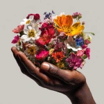 **Create a beautiful artwork of an extremely realistic photograph depicting a brown skin male hand model cupped, holding a hand full of radiant bright colored flowers of all kinds . White background, extremely detailed, highest resolution and vibrant colors** - Image #3 <@1103816835914276934>