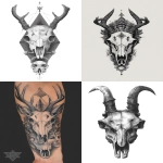**tattoo design featuring a deer skull with horns and a human face inside it, set against a white background in a dark fantasy style. this blackwork tattoo art is designed for an arm sleeve, with the skull at the bottom of the image. --ar 71:128** - <@1038926751054696569> (fast)
