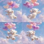 **fluffy white teddy bear flying with pastel heart-shaped balloons, soft fur texture, dreamy sky background, oil painting style, soft brushstrokes, whimsical and cute, pastel colors, highly detailed, fantasy illustration --ar 3:4** - Variations (Strong) by <@1260560390853754923> (fast)