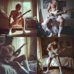 **a guy rocking his electronic guitar at home in his boxershort, he is wearing white socks and a loose white t-shirt, super realistic photo, HD** - <@1125339774677426227> (fast)