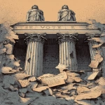 **Include visible shattered inscription reading ‘THE VOTE’, crumbling statues of blindfolded justice above, fractured pillars exposing dark interior, rubble shaped like fragments of an old style document like the U.S. Constitution, editorial-style cartoon, halftone print texture, subtle tan background wash, inspired by Matt Wuerker. --ar 9:16** - Image #4 <@925081513199017995>