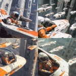 **A pilot in an orange and white spacesuit sits inside the cockpit of their spaceship, with many other spaceships parked outside, on top of a tall futuristic building, in the style of Atey Ghailan and Craig Mullins, a sci-fi illustration. --ar 51:64** - <@264129597782753313> (fast)