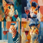 **oil painting of a tabby cat pouring red wine into a crystal glass, wearing a tiny beret, visible brushstrokes in the style of Matisse with flat color blocks of burnt orange, cream, and deep blue --ar 16:9** - <@409716268476923920> (fast)