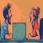 **simple cartoon side view, man laughing while flipping a desk in an HR meeting, celebrating his appeal win, HR woman on the other side looking shocked and defeated, bold outlines, flat colors, clean comic strip style, exaggerated expressions, minimal background, funny and lighthearted --v 6.0 --ar 16:9 --s 200** - Image #3 <@1071571012547780618>